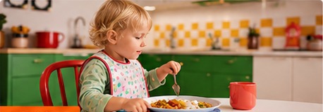 Toddler sitting at a table with a meal.