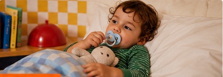 Toddler resting in bed with a pacifier and stuffed animal.