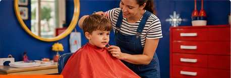 Toddler getting a haircut while seated in a salon chair.